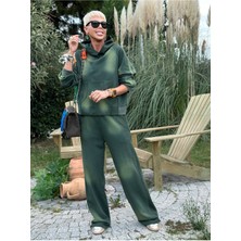 Qimya Butik Egzotik Asortik Kadın Taşlama Desenli Kapüşonlu Sweatshirt ve Bol Paça Pantolonlu Ikili Takım