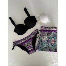 Kadın Siyah Taş Işlemeli Desenli 3 Parça Etekli Bikini Takım HZL25S-LC3326