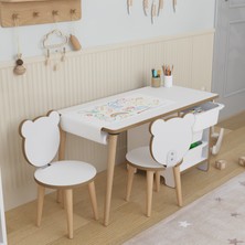 Obi Rulolu Aktivite Masası 2 Panda Sandalyeli Çocuk Çalışma Masası Parlak Beyaz MDF