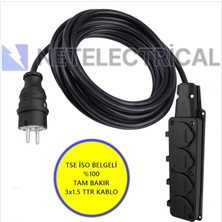 Netelectrical Kauçuk 4'lü 25 Metre Topraklı Grup Priz - 3x1.5 Ttr Tam Bakır Siyah Kablo