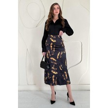 Elbee Fashion Woman Siyah Baskılı Kroşetalı Etek