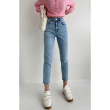 ByCukurovaFrango Leo Estonya Mavi Kar Yıkama Mom Boyfriend Jean Kadın Power Likra Toparlayıcı