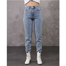 ByCukurovaFrango Leo Erva Mavi Kar Yıkama Mom Boyfriend Jean Kadın Power Likra Toparlayıcı