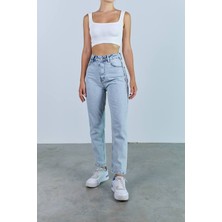 ByCukurovaFrango Leo Lucy Boyfriend Mavi Kar Yıkama Solmaz Jean Kadın Boyfriend Yüksek Bel Likralı
