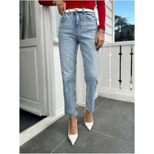 ByCukurovaFrango Leo 90's Dora Kadın Kar Yıkamalı Yüksek Belli Mom Jeas - Boyfriend Kadın Mavi Kot Pantolon