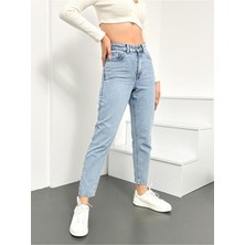 ByCukurovaFrango Buz Mavi Kar Yıkama Mom Jeans Likralı Yüksek Bel Kot PANTOLON2024