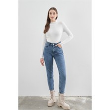 ByCukurovaFrango Double Kar Mavi Mom Jeans Likralı Yüksek Bel Kar Yıkamalı Mom Kot Pantolon Ekstra Rahat 2024