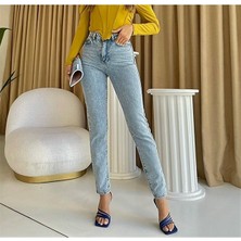 ByCukurovaFrango Leo 90's Dora Jeans Likralı Yüksek Bel Mavi Kar Yıkamalı Mom Kot Pantolon Ekstra