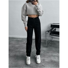 ByCukurovaFrango Leo Penelope Kadın Siyah Likralı Yüksek Bel Boyfriend Mom Jean Pantolon C599