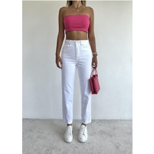 Yüksek Bel Beyaz Mom Jeans Likralı Esnek Kot Pantolon 2024
