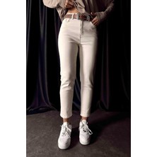 Penolope Kadın Yüksek Bel Mom Kadın Jean Pantolon Ekru