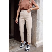 ByCukurovaFrango Yüksek Bel Bej Rengi Mom Jeans Likralı Esnek Kot Pantolon