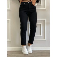 ByCukurovaFrango Zero Max Kadın Yüksek Bel Siyah Mom Jeans Likralı Esnek Kot Pantolon(Tam Siyah)