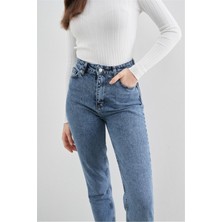ByCukurovaFrango Leo Kadın Yüksek Bel Mavi Kar Yıkama Likralı Mom Jeans Pantolon