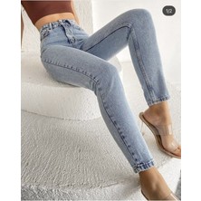 ByCukurovaFrango Jiona Yüksek Bel Mavi Mom Jeans Kar Yıkama Likralı Mom Jeans 2024