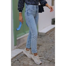 ByCukurovaFrango Neva Mavi Kar Yıkama Boyfriend Jean Kadın Solmaz Mom Toparlayıcı Kot Pantolon