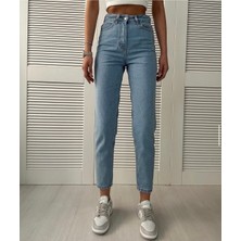 ByCukurovaFrango Jaxen Kadın Yüksek Bel Mavi Kar Yıkama Likralı Mom Jeans Pantolon
