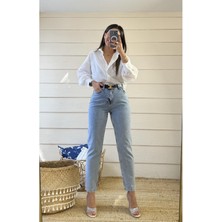ByCukurovaFrango Vivien Mavi Mom Kot Pantolon Likralı Yüksek Bel Mavi Kar Yıkamalı Mom Jeans Kar Yıkama Boyfriend