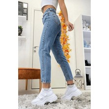 ByCukurovaFrango Mavi Kar Yıkama Yüksek Bel Mom Jean Kot Pantolon(1 Beden Büyük Alınız)