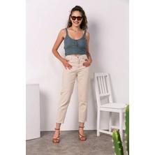 ByCukurovaFrango Dora Yüksek Bel Likralı Bej Mom Jeans Esnek Kot Pantolon 2024