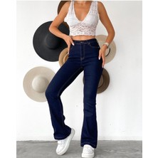 ByCukurovaFrango Monera Yüksek Bel Lacivert Ispanyol Paça Kot Pantolon Likralı ( 1 Beden Büyük Alınız )