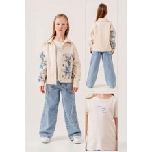 Miniğimin Cicileri 3 Boyutlu Çiçek Desenli 3 Lü Pamuklu Kız Çocuk 3 lü takım - Mavi