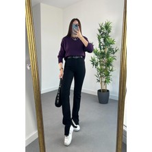 ByCukurovaFrango Siyah Yırtmaçlı Ispanyol Paça Yüksek Bel Fermuarlı Fit Kalıp Cepli Likralı Denim Jean Kot Pantolon