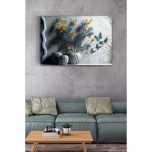 Glassart Design Mavi Sarı Çiçek ve Kelebekler Modern Cam Tablo Salon Tablosu Ev Ofis Hediyesi