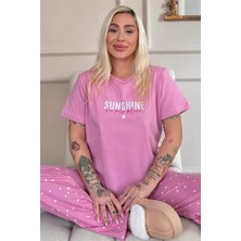 Pijama Evi Pudra Sunshine Desenli Pamuk Kısa Kollu Dantelli Kadın Pijama Takımı