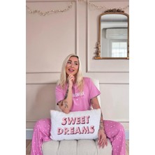 Pijama Evi Pudra Sunshine Desenli Pamuk Kısa Kollu Dantelli Kadın Pijama Takımı