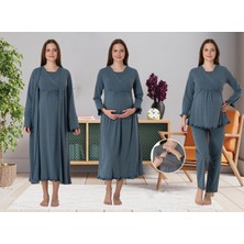 Effortt Dvina Effortt Lohusa 4'lü Set - Sabahlık/pijama Takımı/gecelik İndigo - 4046