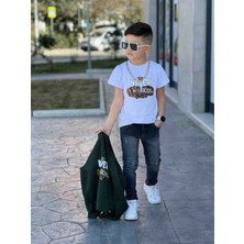 Poyraz Fashion Kids Erkek Çocuk Kot Pantalon Gabardin Baskı Zincir Detaylı Kot Ceket ve Tişört Takım Kombin Bayramlık