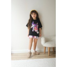 Kız Çocuk Kuromi Modelli Baskılı Şortlu Pamuk Takım