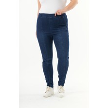 Imagine Giyim Kadın Büyük Beden Full Likralı Lacivert Pantolon - Beli Lastikli, Nakış Detaylı, Yıkamalı Rahat Kot