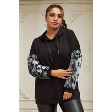 Imagine Giyim Kadın Kol Peluş Kürk Detaylı Büyük Beden Siyah Sweatshirt - Şıklığı ve Rahatlığı Buluşturan Tasarım