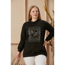 Imagine Giyim Taş Işlemeli Büyük Beden Baskılı Taşlı Siyah Sweatshirt