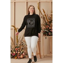Imagine Giyim Taş Işlemeli Büyük Beden Baskılı Taşlı Siyah Sweatshirt