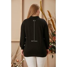 Imagine Giyim Taş Işlemeli Büyük Beden Baskılı Taşlı Siyah Sweatshirt