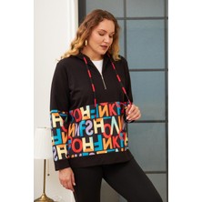 Harf Baskılı Iki Iplik Büyük Beden Siyah Sweatshirt