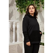 Imagine Giyim Kadın Kol Peluş Garnili Büyük Beden Siyah Sweatshirt - Şıklık ve Rahatlık Bir Arada
