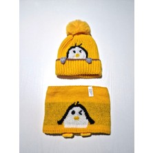 Hobi Kafe 1-3 Yaş Çocuklar Için Penguen Desenli Içi Polarlı Bere Boyunluk Takımı