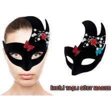 Nessiworld   Siyah Renk Incili Taşlı Süet Kaplama Venedik Parti Maskesi 20 x 22  cm