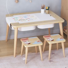 Ahşap Oyun Aktivite Masası 2 Tabureli Suya Karşı Dayanıklı Çocuk Masası - Uçan Ayıcık