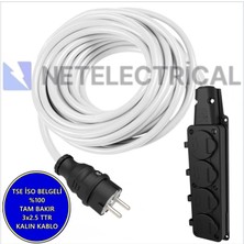 Netelectrical Kauçuk 4'lü 10 Metre Topraklı Grup Priz - 3x2.5 Ttr Tam Bakır Kalın Beyaz Kablo