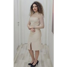 Boncuk Işlemeli Kemerli Abiye Elbise 6013-BEJ