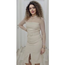 Boncuk Işlemeli Kemerli Abiye Elbise 6013-BEJ