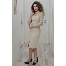 Boncuk Işlemeli Kemerli Abiye Elbise 6013-BEJ