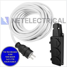 Netelectrical Kauçuk 3'lü 10 Metre Topraklı Grup Priz - 3x2.5 Ttr Tam Bakır Kalın Beyaz Kablo