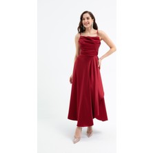 Kadın Bordo Volanlı Yırtmaçlı Saten Midi Boy Abiye & Mezuniyet Elbisesi