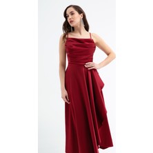 Kadın Bordo Volanlı Yırtmaçlı Saten Midi Boy Abiye & Mezuniyet Elbisesi